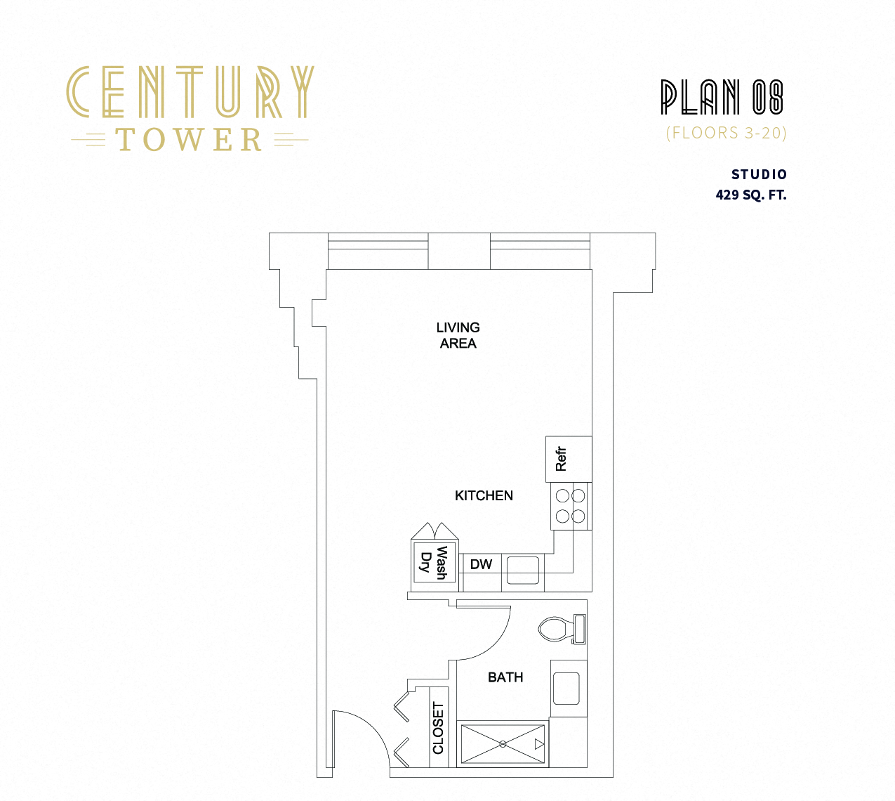 Floor plan for studio, 1 bath, 429 sqft